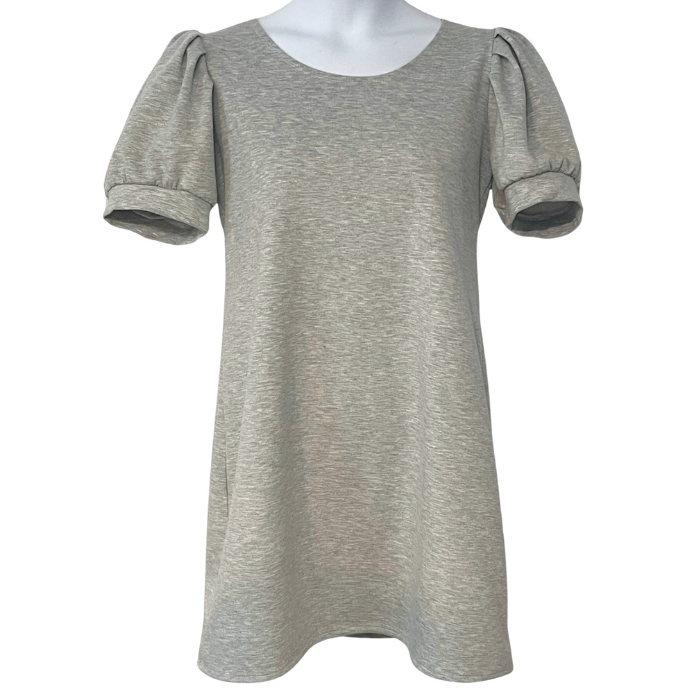 MSK Sz L Pullover Sweatshirt Dress Short Puff Sleeve Heather Grey Knit Cozy Chic